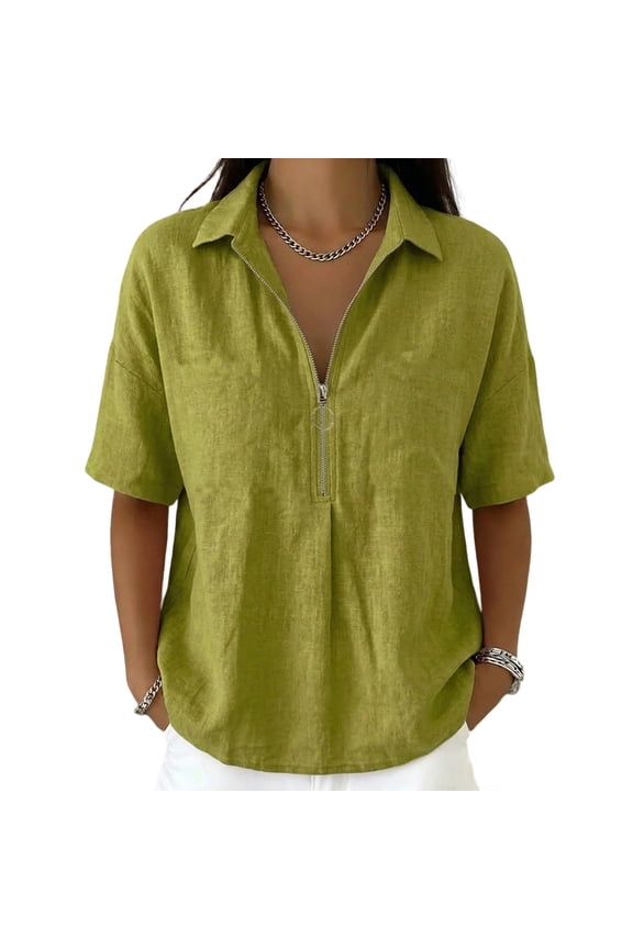 Boho Tops for Women Short Sleeve Solid Blend Zip Front Collared Couple Shirts,Green,M