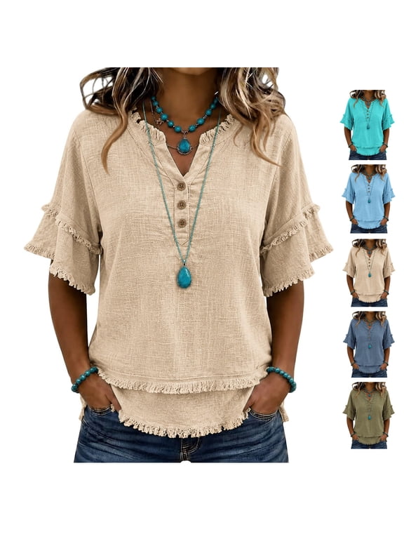 Boho Tops for Women Short Sleeve V Neck Gauze Shirts Summer Casual Linen Blouses Trendy Distressed Fringe Tops