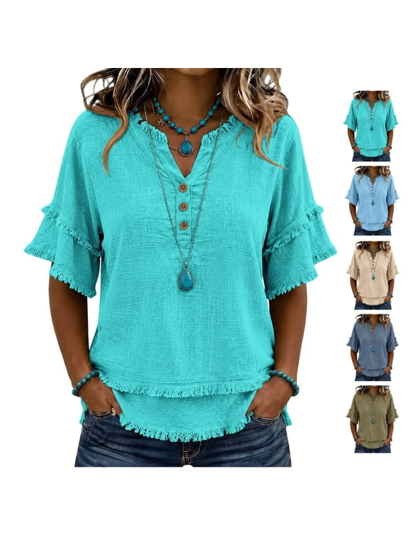 Boho Tops for Women Short Sleeve V Neck Gauze Shirts Summer Casual Linen Blouses Trendy Distressed Fringe Tops