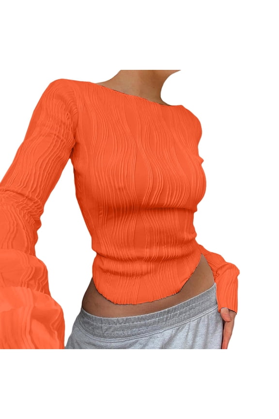 Boho Tops for Women Slim Long Sleeve Crewneck Fitted Retro Streetwear Ladies Clothing,Red,L