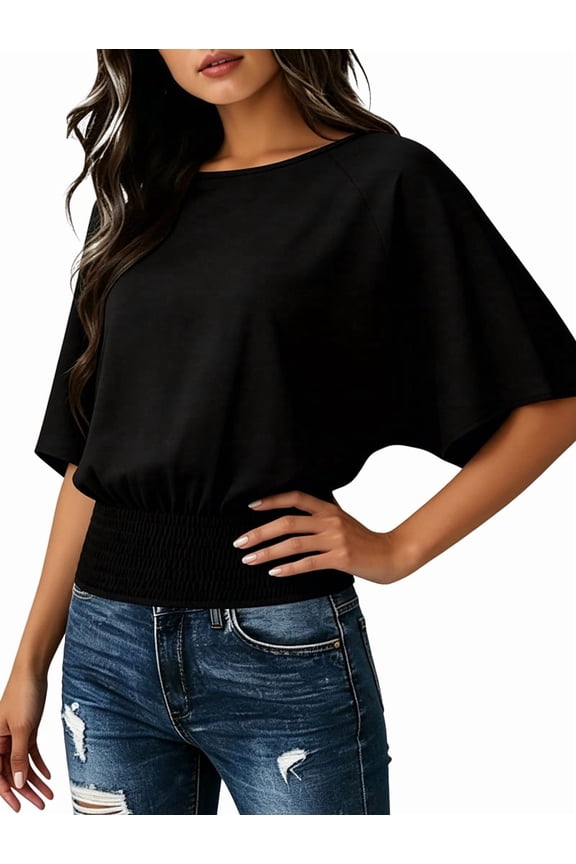 Boho Tops for Women Spring Boat Neck Short Sleeve Banded Bottom T Shirts Basic Blouses