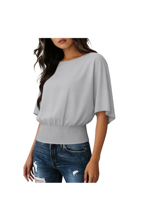 Boho Tops for Women Spring Crew Neck Short Sleeve Banded Bottom Chiffon T Shirts Basic Blouses Business Casual Clothes Gray 2XL