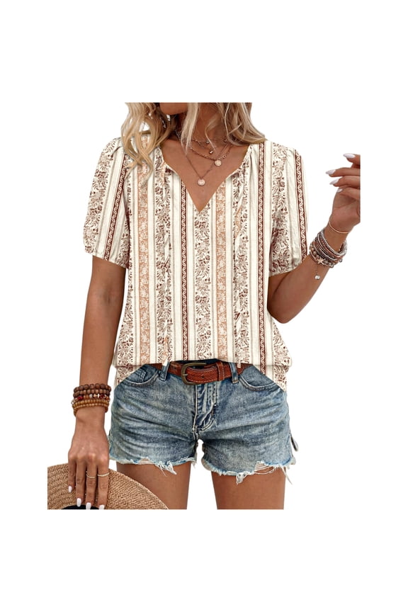 Boho Tops for Women Summer Casual Vintage Printed V Neck Blouses Puff Short Sleeve Shirt Tie Front Beach Vacation Fashion Clothing
