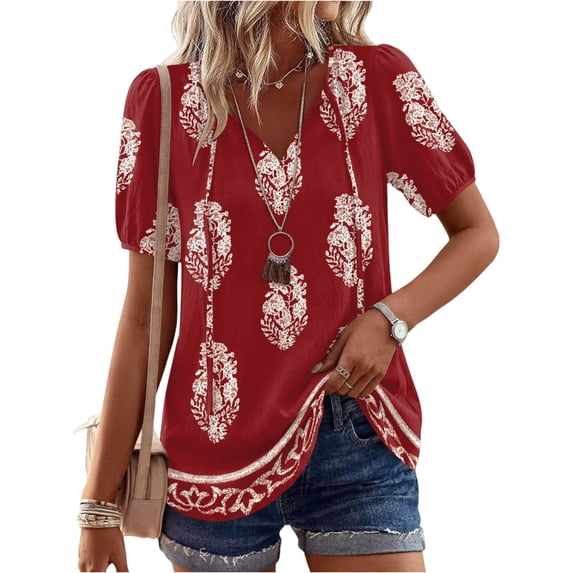 Boho Tops for Women Summer V-Neck Tie Front Peasant Blouses Casual Puff Sleeve Loose-Fit Flowy Shirts Beach Vacation