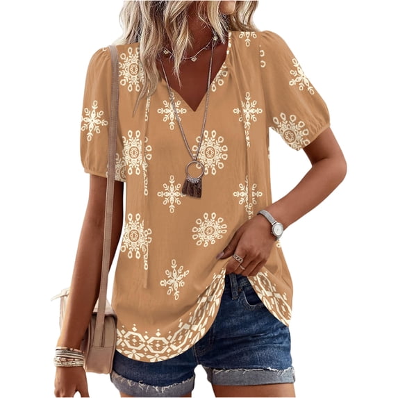 Boho Tops for Women Summer V-Neck Tie Front Peasant Blouses Casual Puff Sleeve Loose-Fit Flowy Shirts Beach Vacation