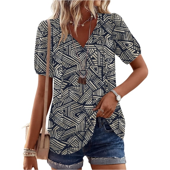 Boho Tops for Women Summer V-Neck Tie Front Peasant Blouses Casual Puff Sleeve Loose-Fit Flowy Shirts Beach Vacation