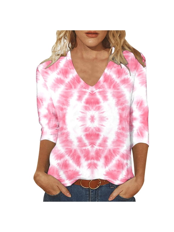 Boho Tops for Women V Neck 3/4 Sleeve Blouse with Tie Dye Pattern Tees Tshirts Fall Tops