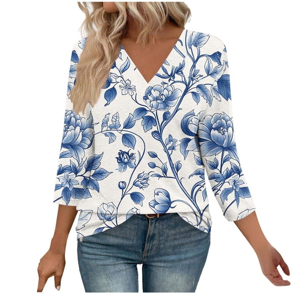 Boho Tops for Women V Neck Bohemian Floral 3/4 Sleeve Blouse Tees Tshirts Fall Tops for Festival Wear My Items