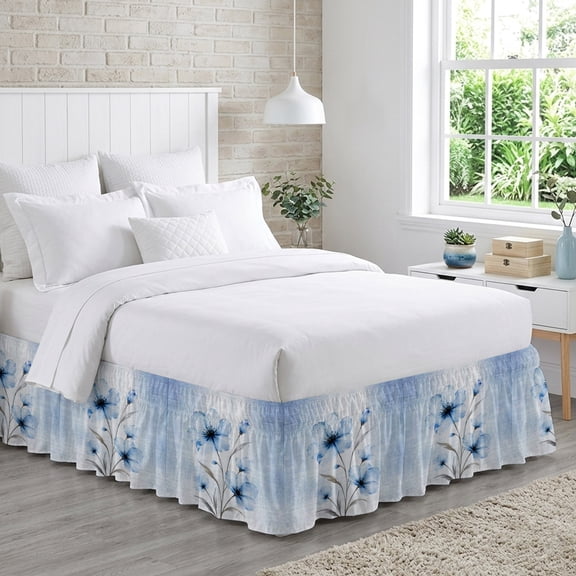 Boho Translucent Floral Bed Skirt California King Size 16 Inch Drop, Shabby Chic Blue Flower Adjustable Elastic Dust Ruffles Bedskirt Wrap Around Pleated Mattress Frame Cover