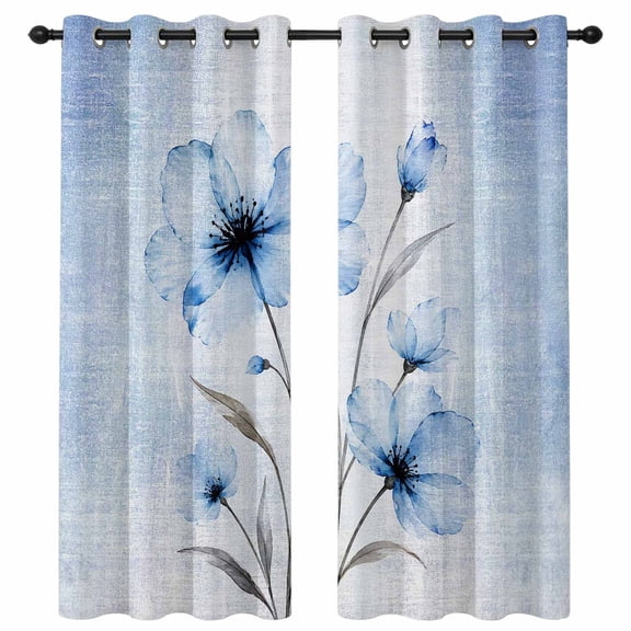 Boho Translucent Floral Blackout Curtains 96 Inches Long, Shabby Chic Blue Flower Thermal Insulated Room Darkening Drapes with Grommets for Living Room 52"W x 96"L, 2 Panels