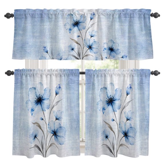 Boho Translucent Floral Kitchen Curtains Valances 3 Piece Set, Shabby Chic Blue Flower Rod Pocket Tier Curtain and Valance Drapes for Small Window 24 Inch Length for Bedroom Cafe