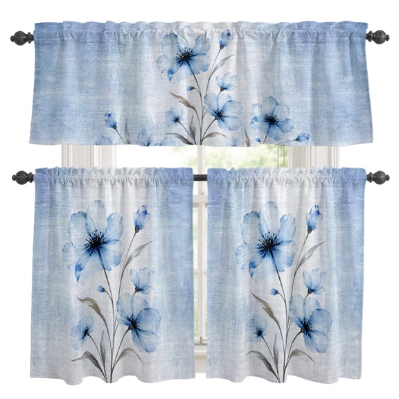 Boho Translucent Floral Kitchen Curtains Valances 3 Piece Set, Shabby Chic Blue Flower Rod Pocket Tier Curtain and Valance Drapes for Small Window 36 Inch Length for Bedroom Cafe