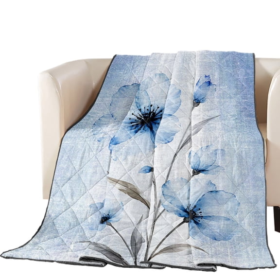Boho Translucent Floral Quilted Comforters Cooling Blanket Oversized King Size, Shabby Chic Blue Flower Cold Comfort for Hot Sleepers Lightweight Air Conditioning Quilt Blanket for Bed