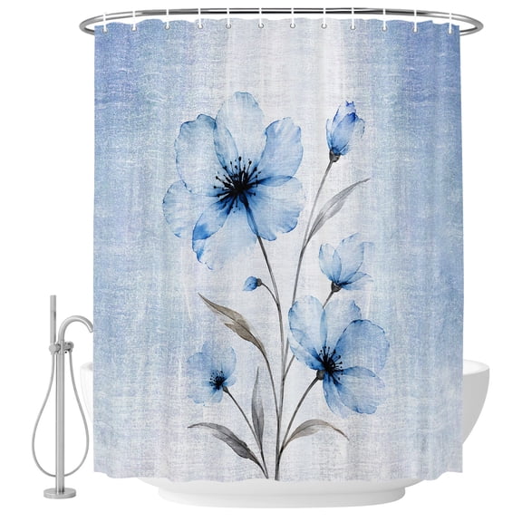 Boho Translucent Floral Shower Curtain for Bathroom, Shabby Chic Blue Flower Waterproof Cloth Fabric Bathroom Accessories Set with 12 Rust Proof Plastic Hooks, 72"x72"