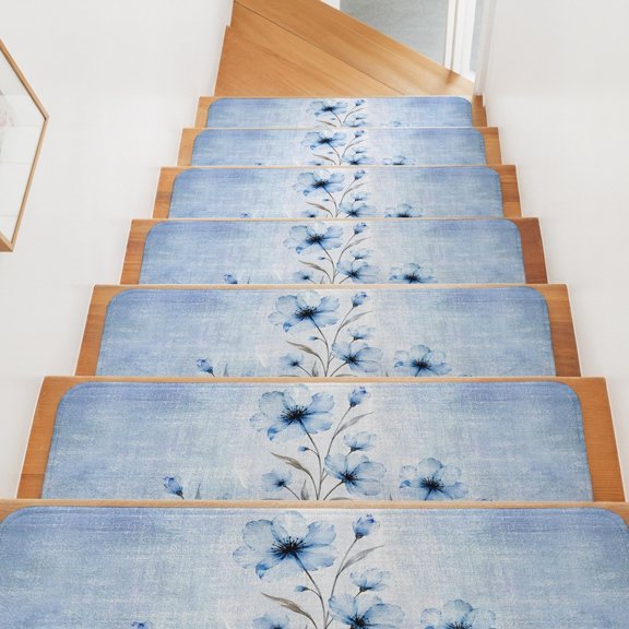 Boho Translucent Floral Stair Treads Non Slip for Steps Shabby Chic Blue Flower 4 Pcs Reusable Adhesive Stair Runner Mats for Dogs Elders Carpet Treads Rugs for Staircase 8x30 In