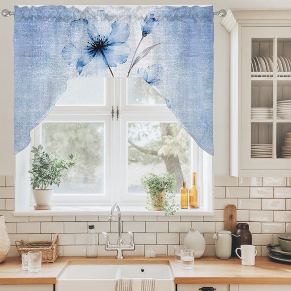 Boho Translucent Floral Swag Valance for Windows, Shabby Chic Blue Flower Swag Curtains Valances for Small Window Treatment Rod Pocket for Kitchen Bathroom 1 Panel 56x36in