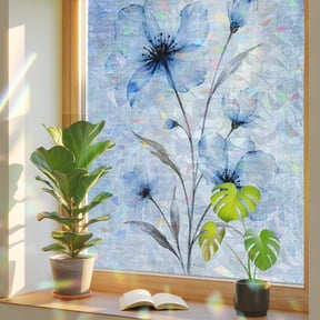 Boho Translucent Floral Window Privacy Film, Shabby Chic Blue Flower Static Cling Stained Glass Window Sticker Decorative Removable Rainbow Film for Glass 17.7”x39.3”