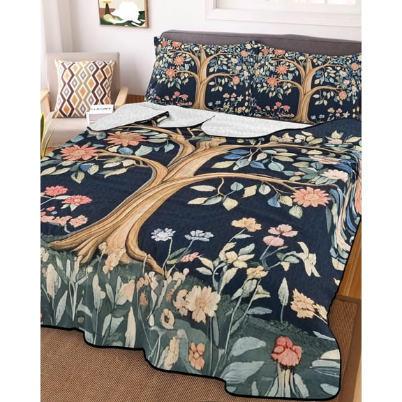 Boho Tree King Size Down Alternative Comforter, Lightweight Comforter Quilt Bedding Set with Pillow Shams Bohemia Floral Flower Botanical Plant Leaf All Seasons Bed Comforter Duvet Insert 96"x106"