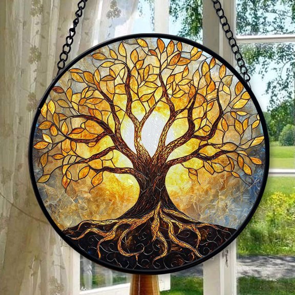Boho Tree of Life & Sunburst Stained Glass Window Hanging Sun Catcher Halloween Haning Ornament Decoration Christmas Birthday Gifts for Lover, Friends, Stained Glass Ornament