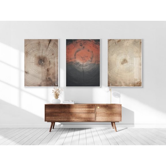 Boho Tree Rings Art Print Set Minimalist Japandi Decor (), Stretched Canvas