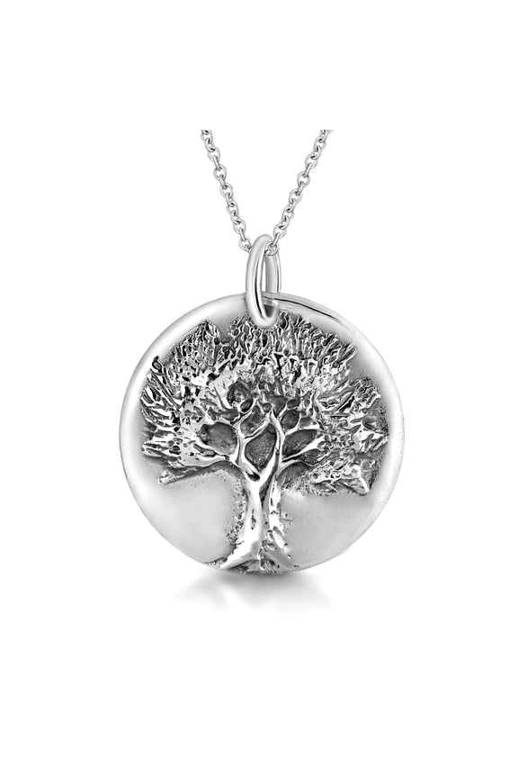 Boho Tree of Life Branches Round Disc Sterling Silver Nature Pendant Necklace