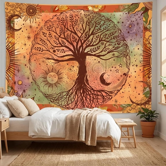 Boho Tree of Life Tapestry Wall Hanging, Orange Sun Moon Stars Celestial Nature Fabric Room Decor for Bedroom, Living Room, Dorm, 60 x 80 Inch