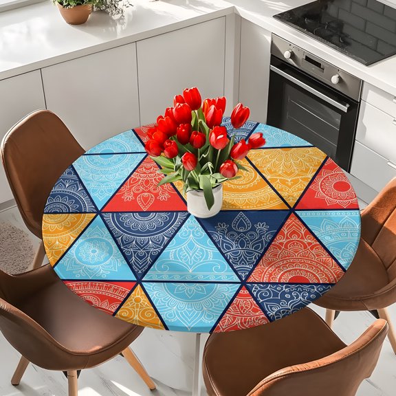 Boho Triangle Color Block Round Fitted Tablecloth with Elastic Edge,Waterproof Table Cloth Fits Tables Up to 36"-44",Wipeable Washable Table Cover for Indoor Outdoor Dinning Party,Abstract Geometric