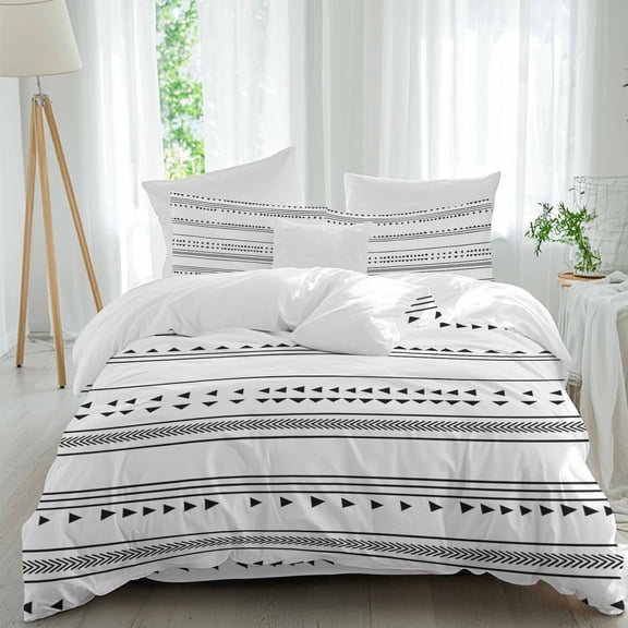 Boho Triangle Comforter Set Queen Size, Stripes Geometric Black Soft Bedding Set for Man Woman, 4 Pieces Duvet Cover Set with Fitted Sheet, 2 Pillowcases