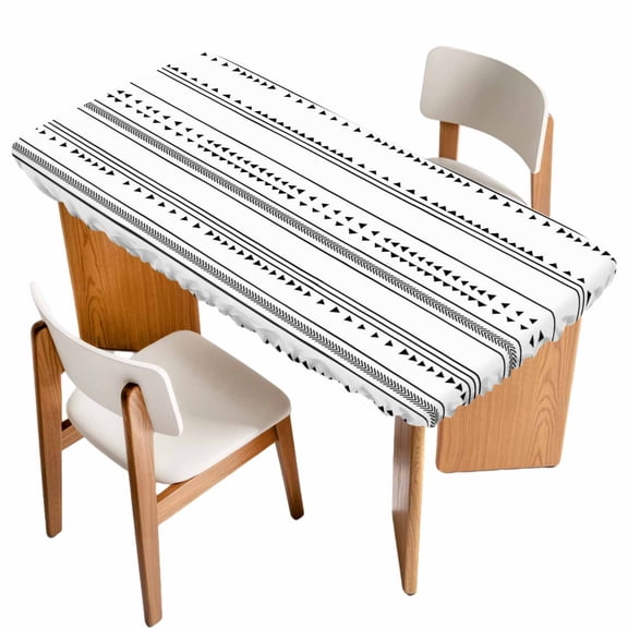 Boho Triangle Fitted Rectangle Tablecloth 24" x 50" Stripes Geometric Black Elastic Table Cloth Fits for 4 Foot Folding Tables Waterproof Table Cover for Picnic Camping Outdoor