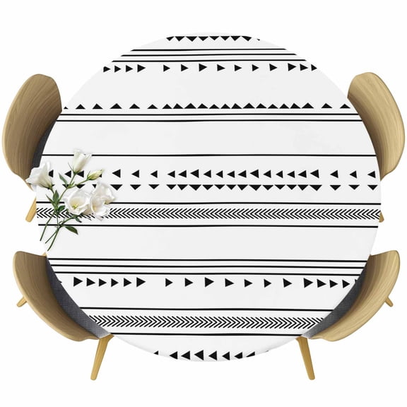 Boho Triangle Round Fitted Table Cover Stripes Geometric Black Waterproof Table Cloth with Elastic Edge Wipeable Tablecloth for Picnic Camping Party Fits 36"-44" Diameter