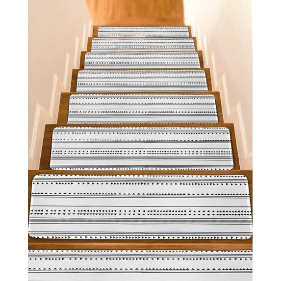 Boho Triangle Stair Treads Non Slip for Steps Stripes Geometric Black 4 Pcs Reusable Adhesive Stair Runner Mats for Dogs Elders Carpet Treads Rugs for Staircase 8x30 In