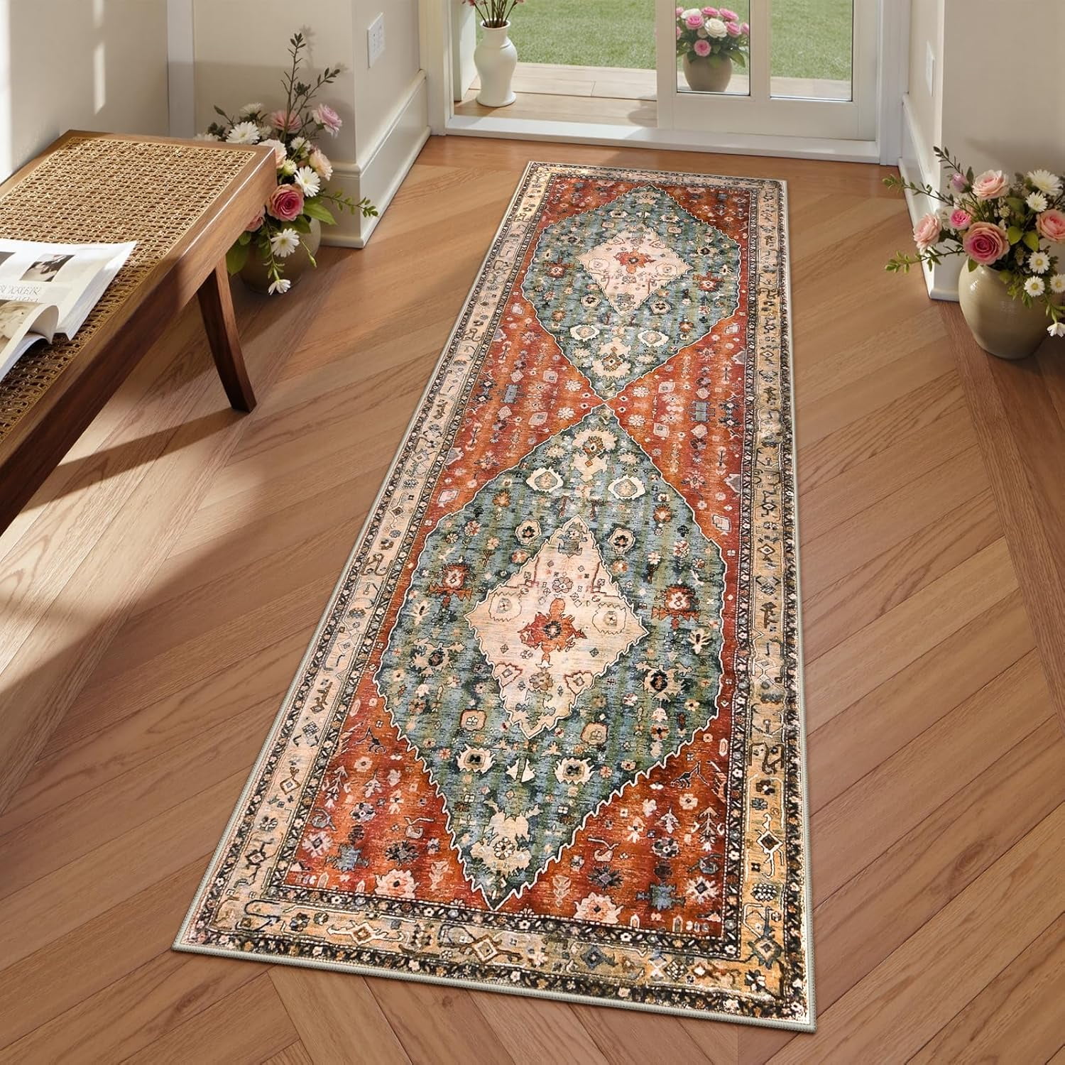 Boho Tribal 2x6 Washable Runners for Hallways Non Slip, Bohemian Kitchen Mats for Floor, Vintage Bathroom Entryway Carpet Runner for Laundry Living Bedroom (Rust/Dull Teal,2x6ft)