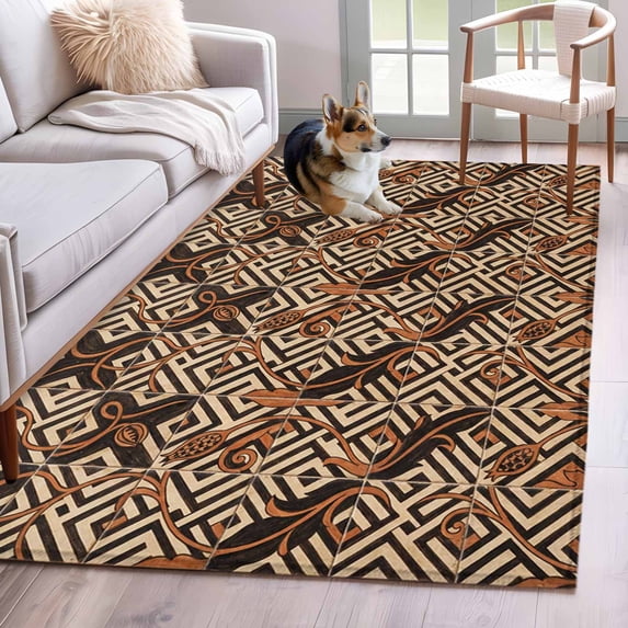Boho Tribal 3'x5' Washable Rug, Abstract Floral Geometric Pattern Art Vintage Non-Slip Area Rugs for Entryway Kitchen Classroom, StainResistant Dorm Throw Carpet, Low Pile Soft Indoor Floor Mat