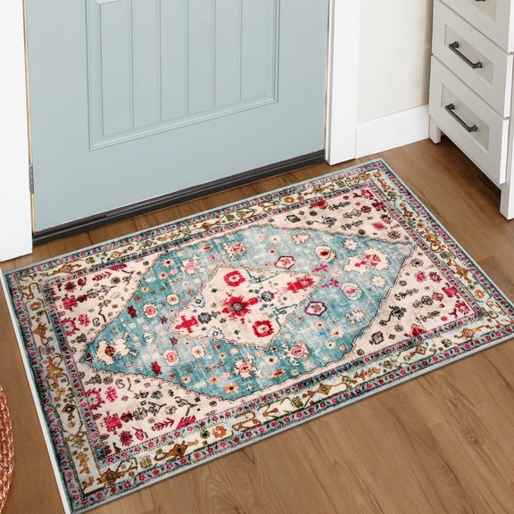 Boho Tribal Area Rug - 2x3 Small Aqua Bath Rugs Kitchen Throw Mat, Soft Washable Non Slip Non Shedding Bohemian Bathroom Bedroom Carpet for Front Door Living Room Stove Chair