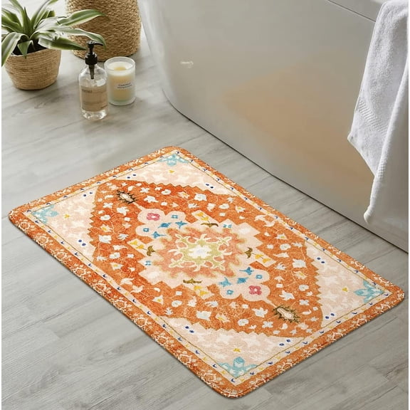 Boho Tribal Bathroom Rugs Orange Cute Floral Bathroom Mat Non-Slip Machine Washable Bath Rug Soft Oriental Bath Mats for Bathroom Decor for Sink Shower Doormat Tub, 20x31 inch