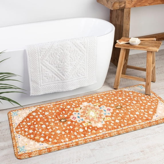 Boho Tribal Bathroom Runner Rug Orange Cute Floral Bath Mat Non-Slip Machine Washable Long Bathroom Rugs Soft Velvet Oriental Persian Farmhouse Bath Rug for Sink Shower Doormat Tub, 18x47 inch