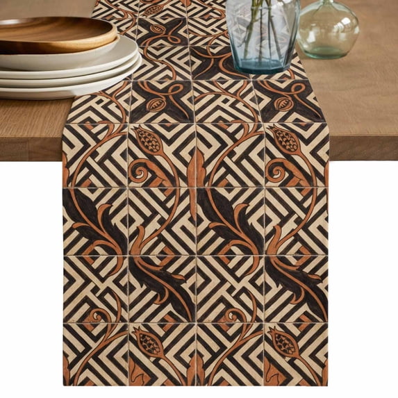 Boho Tribal Cotton Linen Table Runner for Dining Kitchen, Abstract Floral Geometric Pattern Art Vintage Wedding Outdoor Party Tablerunners, Dresser Scarf Coffee Tablecloth Runners 13x108 Inches
