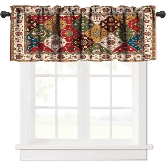 Boho Tribal Curtain Valance Vintage Square Rustic Colorful Floral Ethnic Textured Pattern Abstract Curtain Valance Bedroom Kitchen Home Decor 54"x18"