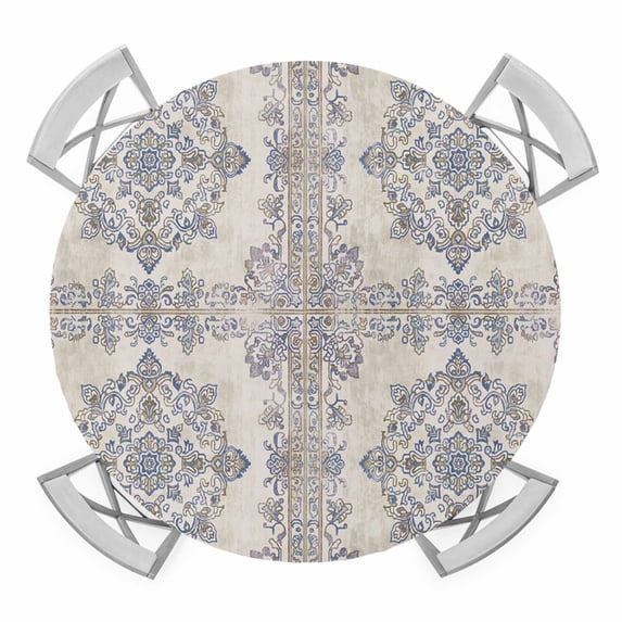 Boho Tribal Elastic Fitted Round Table Cover Ethnic Style Retro Bohemian Waterproof Outdoor Tablecloth for Holiday Party, Picnic, Patio & Dining Fits Tables Up to 45"-54"