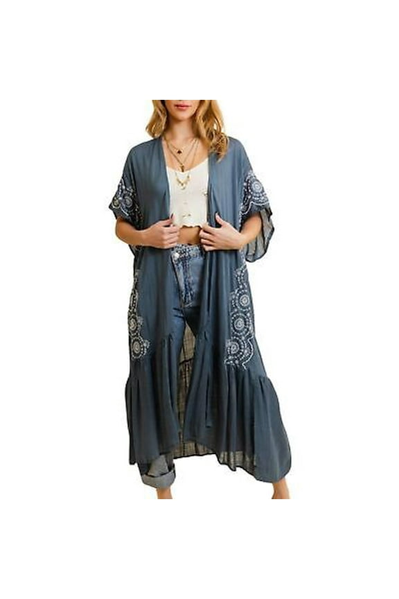 Boho Tribal Embroidered Kimono 1 Sz Lightweight Blue Grey Denim Style Long Beach