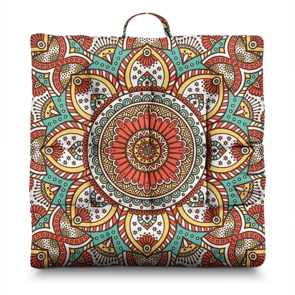 Boho Tribal Floor Pouf 15" Square Mandala Cushion with Folk Style Geometric Patterns, Skin-Friendly Fabric for Comfort