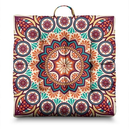 Boho Tribal Floor Pouf 15" Square Mandala Cushion with Folk Style Geometric Patterns, Skin-Friendly Fabric for Comfort