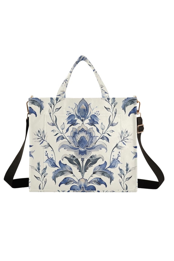 Boho Tribal Floral Flowers Corduroy Tote Bag Handbag Large Messenger Bag Shoulder Crossbody Zipper Bag Purse