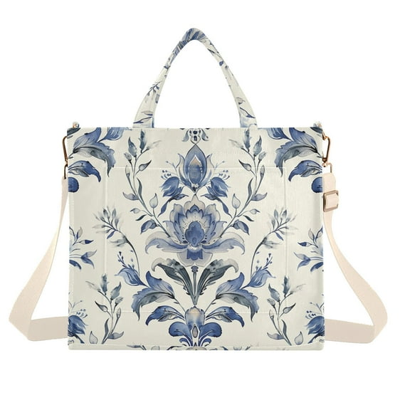 Boho Tribal Floral Flowers Corduroy Tote Bag Handbag Large Messenger Bag Shoulder Crossbody Zipper Bag Purse