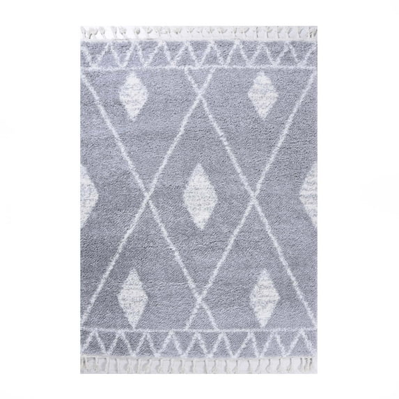 Boho Tribal Geometric Shag Indoor Tassel Area Rug, Cream/Grey, 8' x 10'