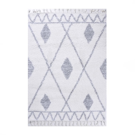Boho Tribal Geometric Shag Indoor Tassel Area Rug, Grey/Cream, 8' x 10'