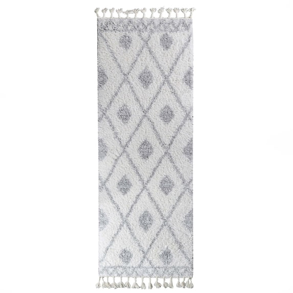 Boho Tribal Geometric Shag Indoor Tassel Runner Rug, Grey/Cream, 2' 7" x 8'