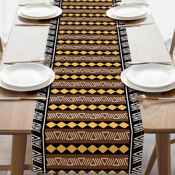 Boho Tribal Geometric Stripe Print Dining Table Runner, African Mud Cloth Diamond Triangle Linen Kitchen Decoration, Ethnic Country Style Indoor Outdoor Home Decor Daily Party Supply 13''x72''
