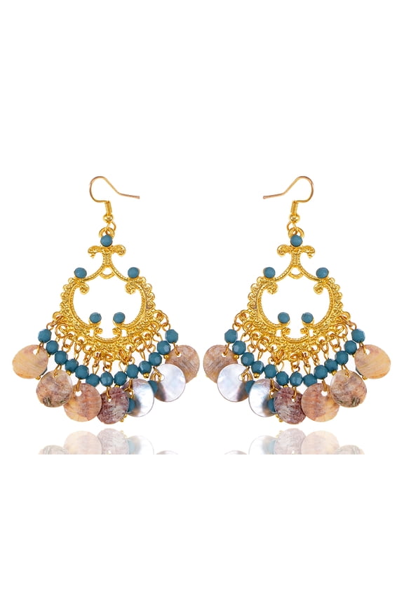 Boho Tribal Gold Tone Turquoise Blue Faux Seashell Chandelier Goddess Earrings