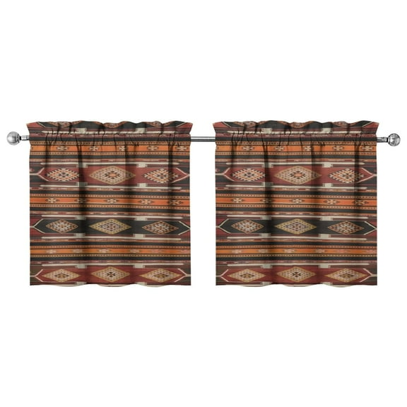 Boho Tribal Kitchen Curtains Set of 2, 27.5x24 Inch Vintage Floral Semi-Sheer Curtains, Rod Pocket Window Panels for Small Windows